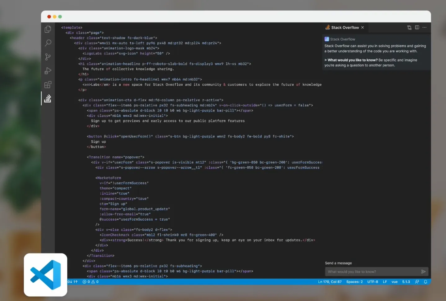 The Stack Overflow extension open beside code in VS Code