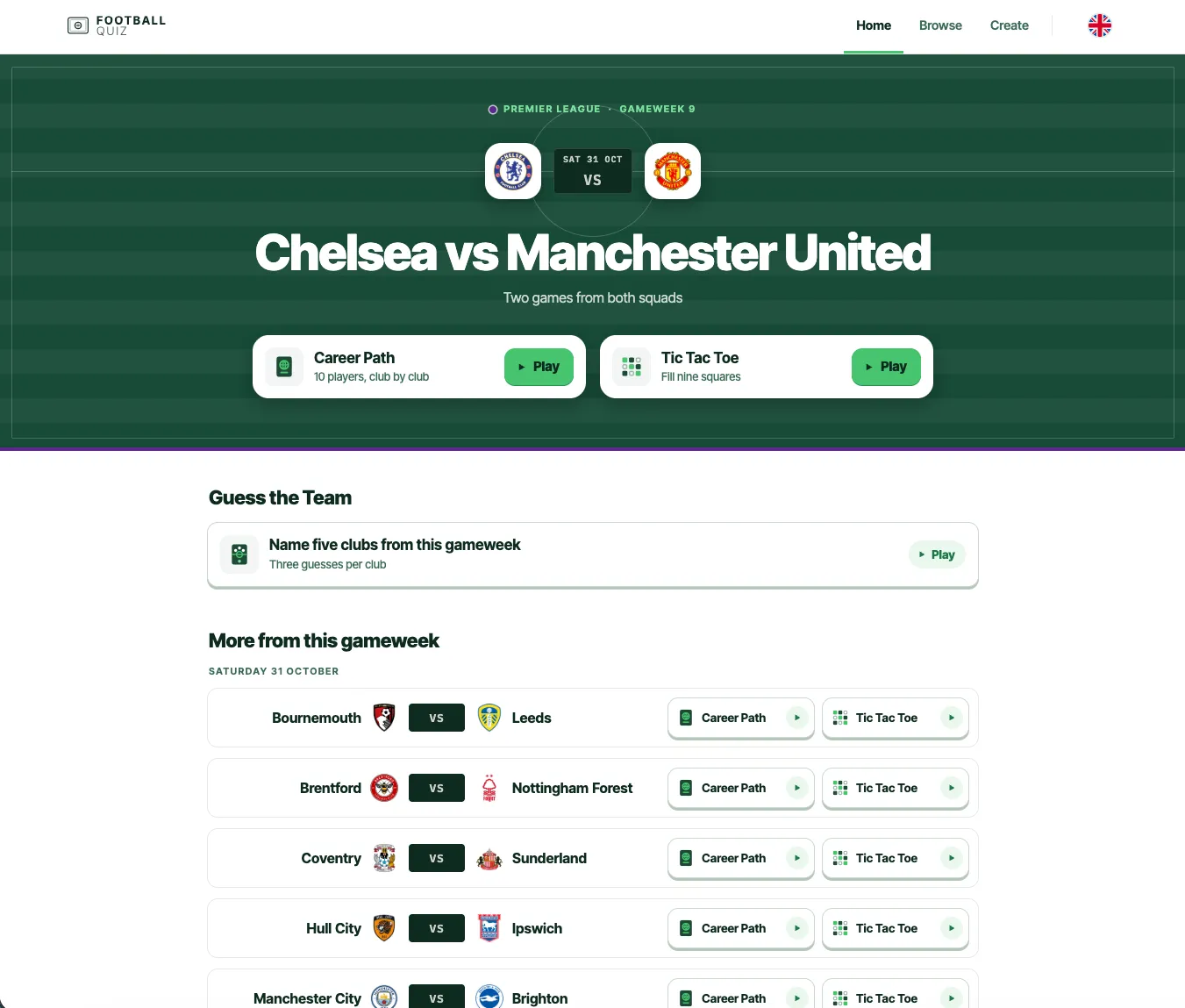 Football Quiz home page with this gameweek's matches